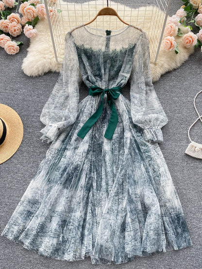 Elegante Frauen Mesh Kleid Vintage Laterne Ärmeln Gedruckt Party Kleider Frühling Sommer Patchwork A Line Bandage Strand Kleid.