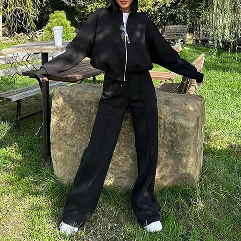 BKLD 2025 Casual Women's Tracksuit Sets Zip-up Loose Cropped Cardigan+Drawstring Sweatpants Solid Fashion Running Street Outfits.