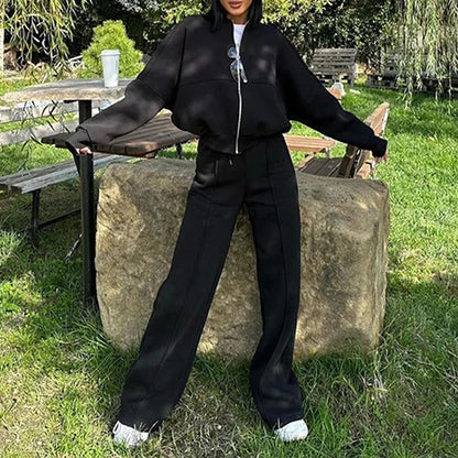 BKLD 2025 Casual Women's Tracksuit Sets Zip-up Loose Cropped Cardigan+Drawstring Sweatpants Solid Fashion Running Street Outfits.