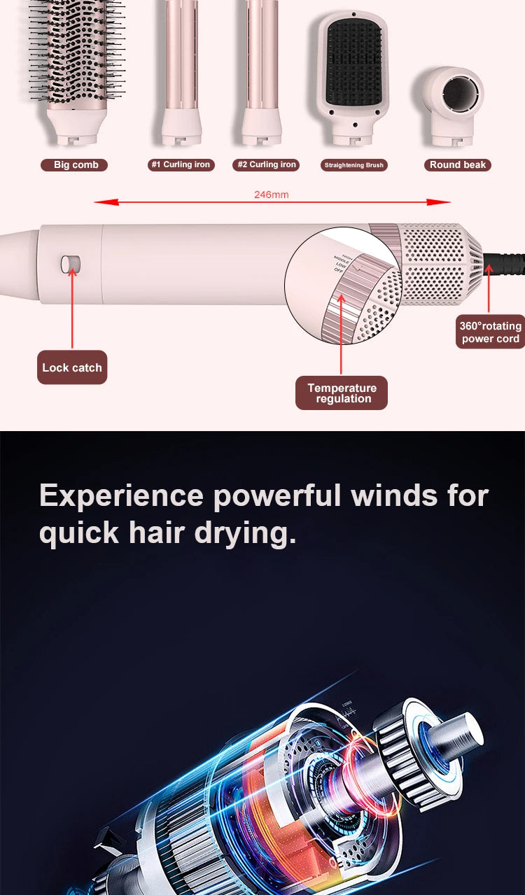 5in1 Hair Dryer Brush Curling Iron Hair Dryer Detachable Auto Wrap Curlers Fast Drying Electric Styling Hair Blower Brush.