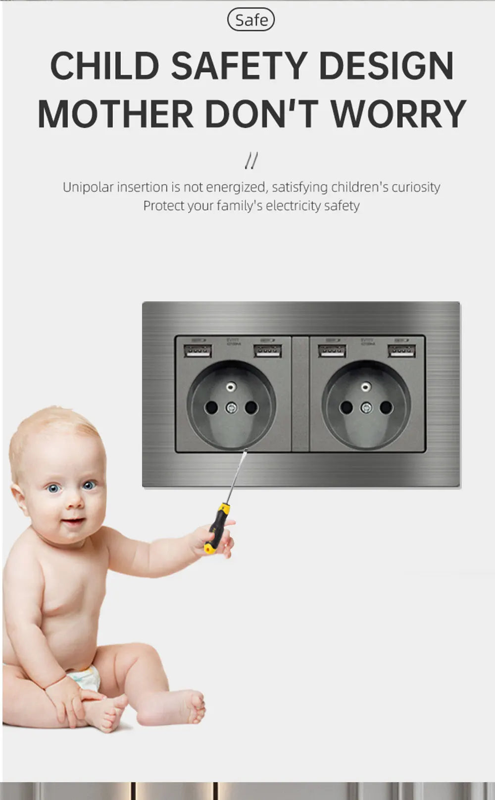 EIOMR Frankreich Standard-Steckdose, graue Aluminiumlegierung, Lichtschalter, RJ45, Fernseher, 220 V, 16 A, Wandsteckdosen für Haushaltsgeräte