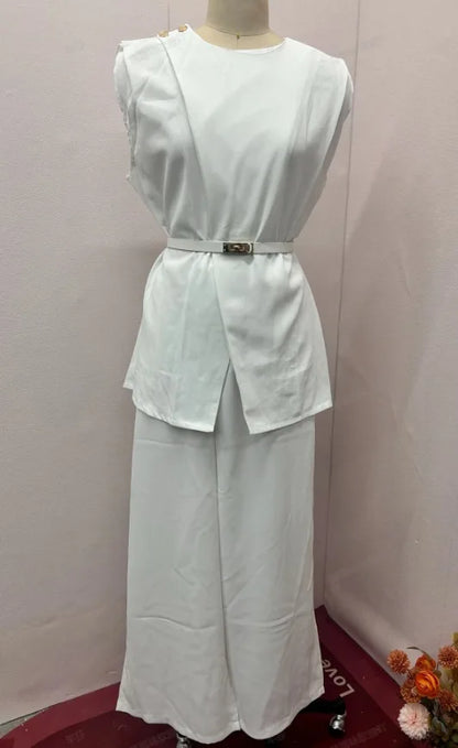 Women Women Piece Set High Waist Pocket Pant Sets Tops Solid Sleeveless Spliced Elegant Round Neck Top Suits Office Lady.