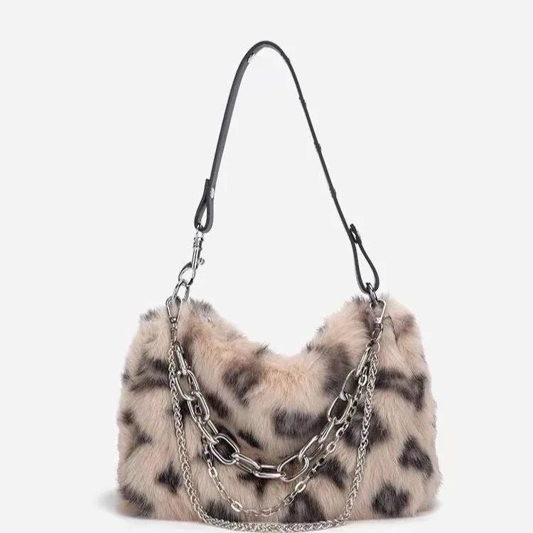 New Faux Fur Leopard Shoulder Bag Women's Autumn Winter Chain Handbags Ladies Leopard Print Clutch Purses Fluffy Top Handle Bags.