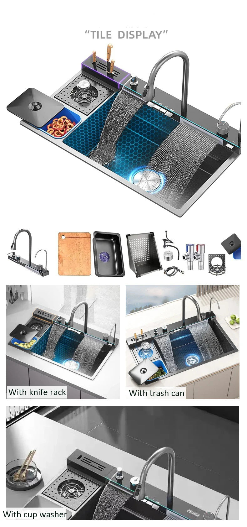 spülbecken küchen new design High-end kitchen sink Knife holder with integrated whale-shaped faucet storage trash can 82*48cm