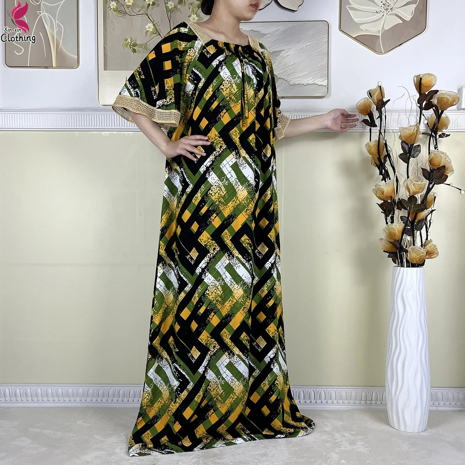 New Muslim Dubai Elegant Dress Summer Short Sleeve African Abaya Printing Cotton Loose Femme Robe Islamic Dresses With Scarf.