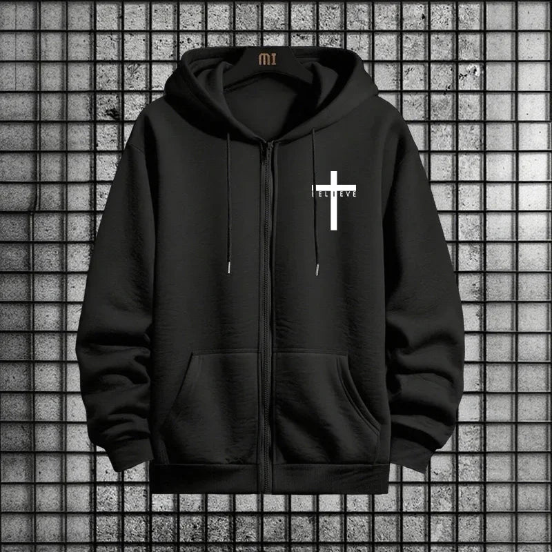 Cross of Christ Mens Hip Hop Tracksuit Set 2025 New 2 Piece Outfit Zipper Hoodie Joggers Urban Streetwear Autumn Winter Fashion.