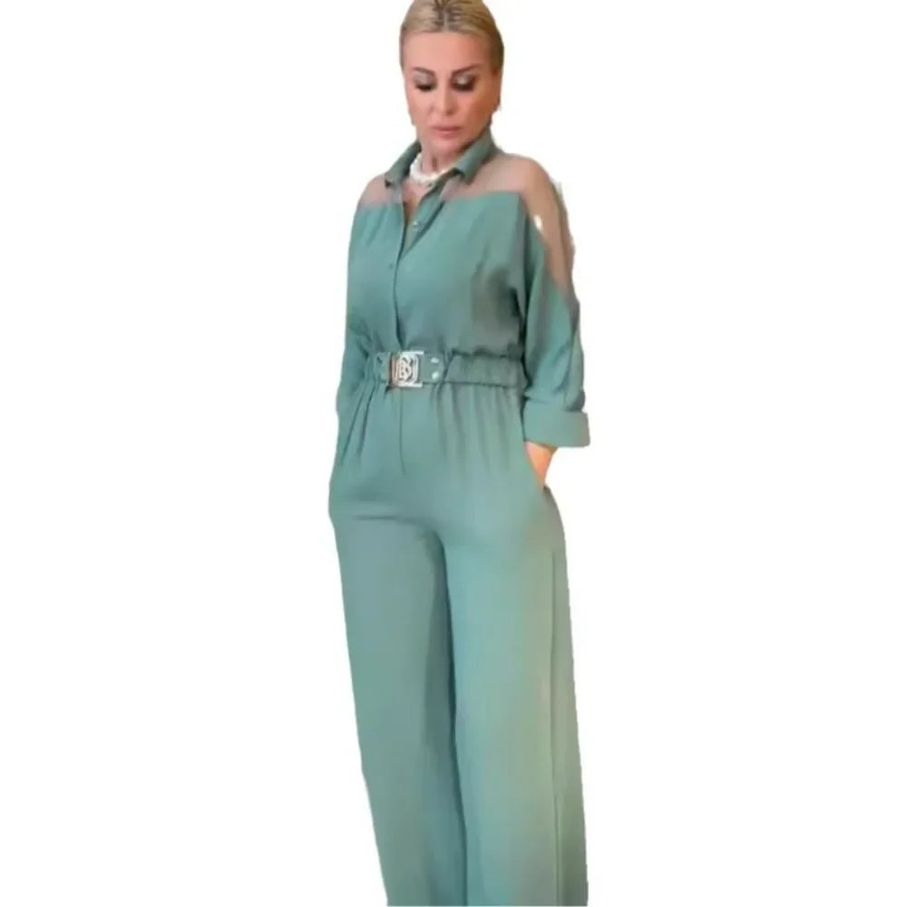 Jumpsuit Full Sleeve Turn Down Collar Office Lady Buttons The Waist Jumpsuits for Women 2024 One Piece Wide Leg Pants Rompers.