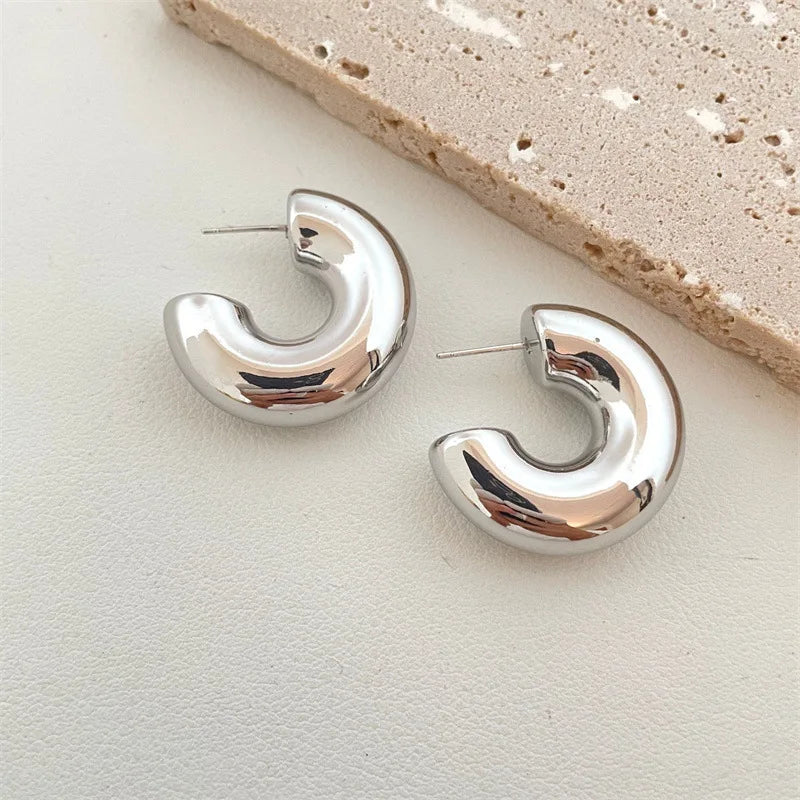 New Retro Chunky C Shape Hoop Earrings Glossy Gold Plated Pvd Circle Round Tube Huggie Hoops Stacked Ear Jewelry.