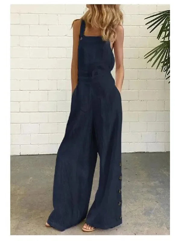 New 2021 Women's Solid Color Sleeveless Side Button Wide Leg Pocket Casual Jumpsuit Comfortable One-Piece Suiting Pants.