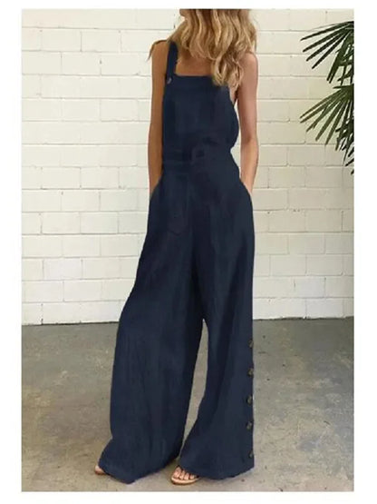 New 2021 Women's Solid Color Sleeveless Side Button Wide Leg Pocket Casual Jumpsuit Comfortable One-Piece Suiting Pants.