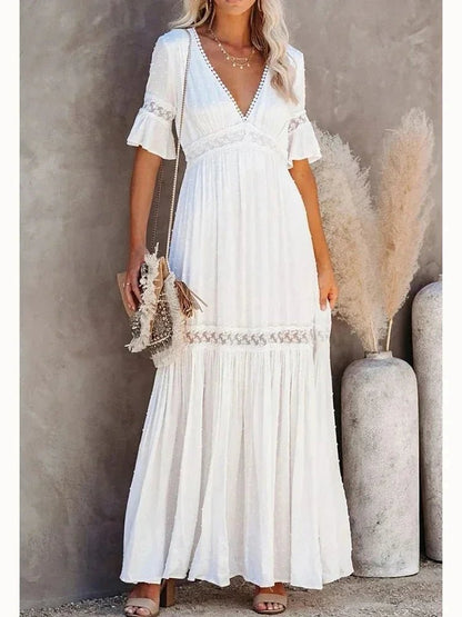 Spitze Splice Maxi Party Kleider Frauen Tiefem V-ausschnitt Sexy Lange Pareo Weibliche Flare Hülse Weißes Kleid Tanz Tragen Kostüm.