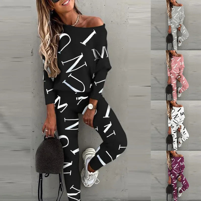 Autumn New Women's Fashion Letter Print Sexy Off Shoulder Long Sleeved Leggings Long Pants Casual Comfortable Two-piece Set.
