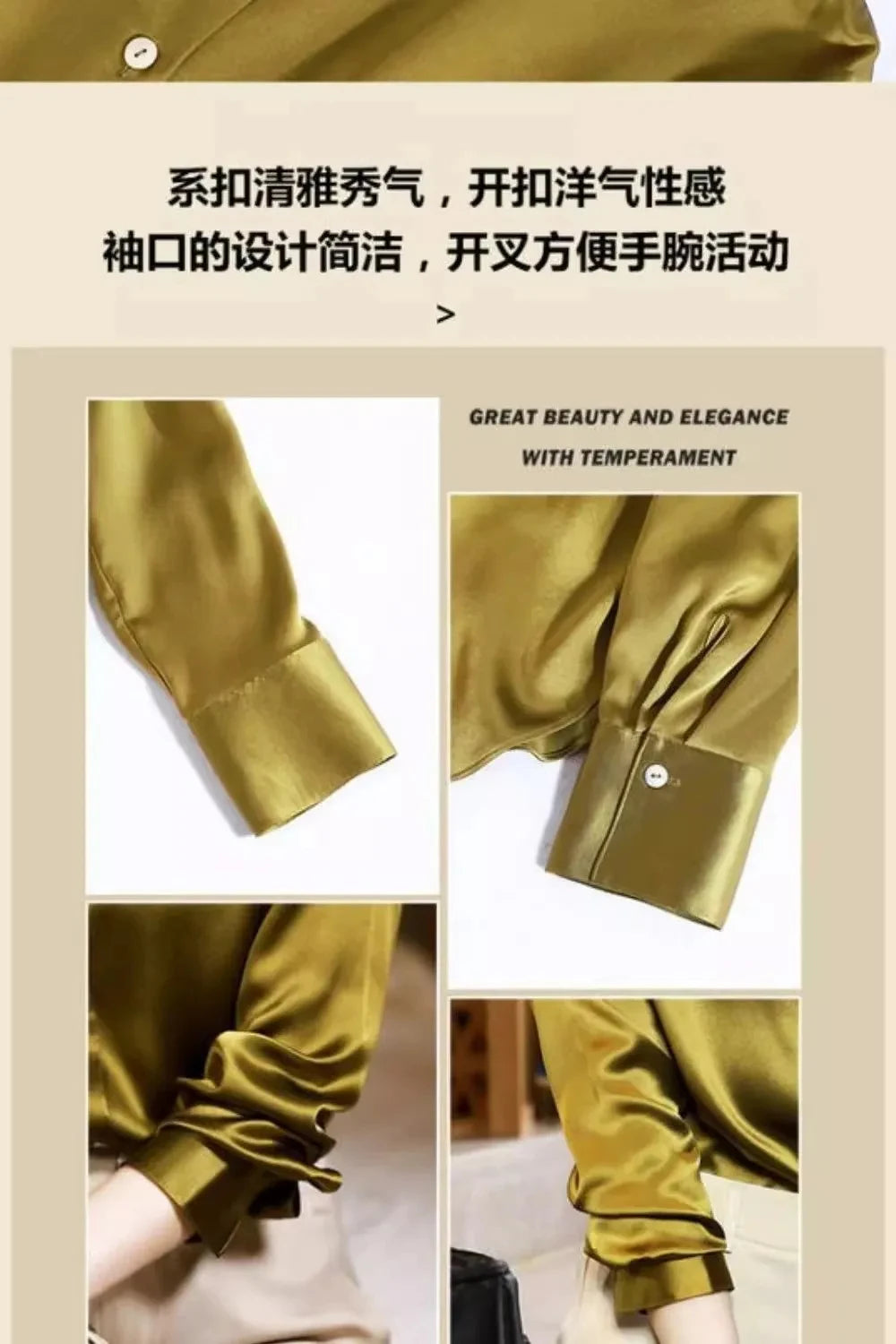 High Quality Silkly Satin Women's Shirt Office Ladies Long Sleeve Blouses Polo Neck Gold shirt Button Luxury Casual women tops.