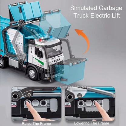1:18 Electric Sanitation Garbage Truck Toy Cars Model Alloy Water Tanker Diecast Light Sound Vehicle Children's Educational Toys.