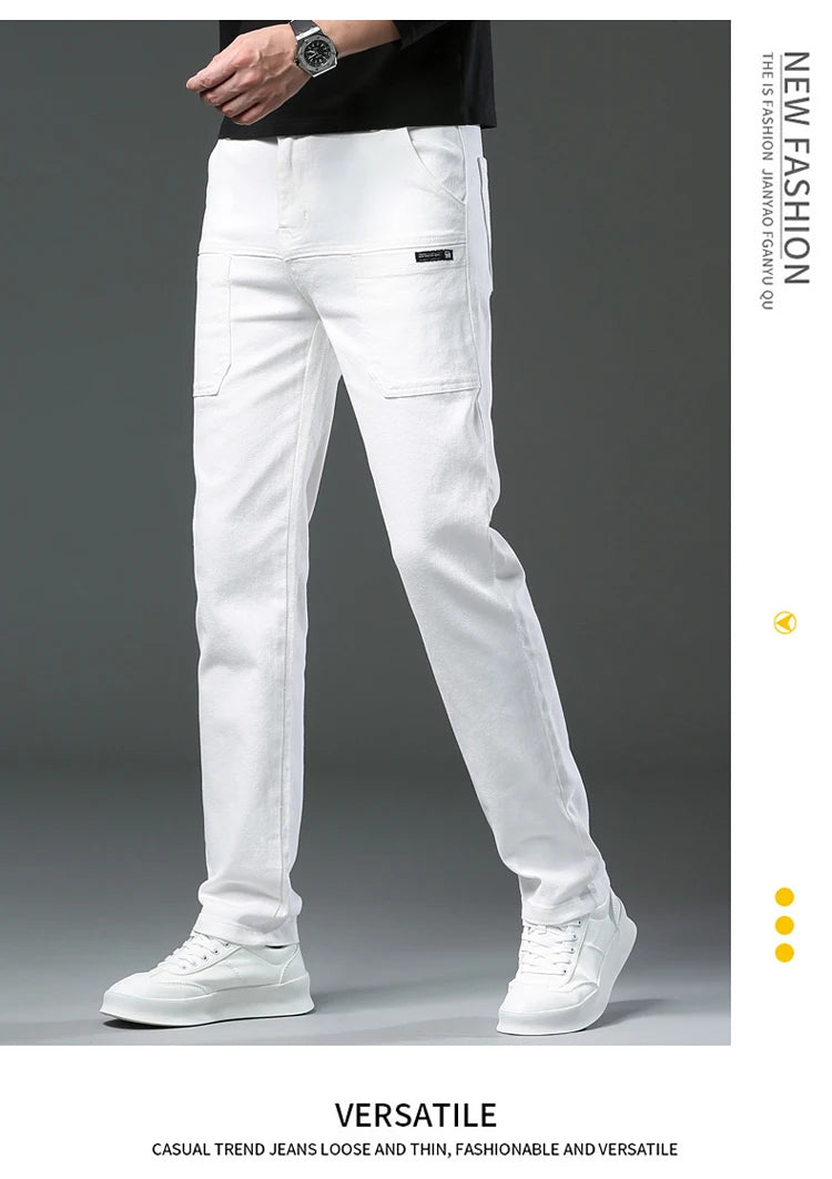 Spring and Autumn Men's Multi-Pocket Design Jeans Fashionable and Versatile White Khaki Red Comfortable Stretch Denim Pants.