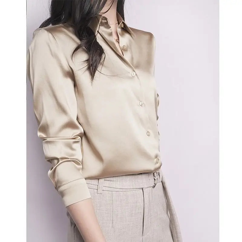 Spring Summer Casual Women's Satin Shirt Lapel Long Sleeve Blouse Loose Solid Color Office Lady Fashion Shirts Top