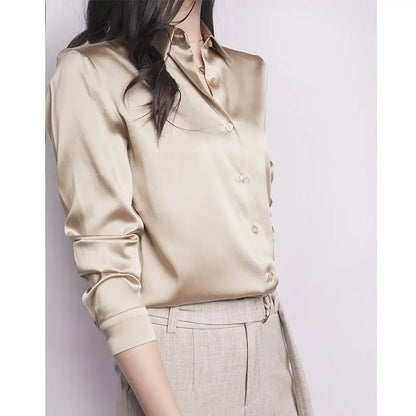Spring Summer Casual Women's Satin Shirt Lapel Long Sleeve Blouse Loose Solid Color Office Lady Fashion Shirts Top