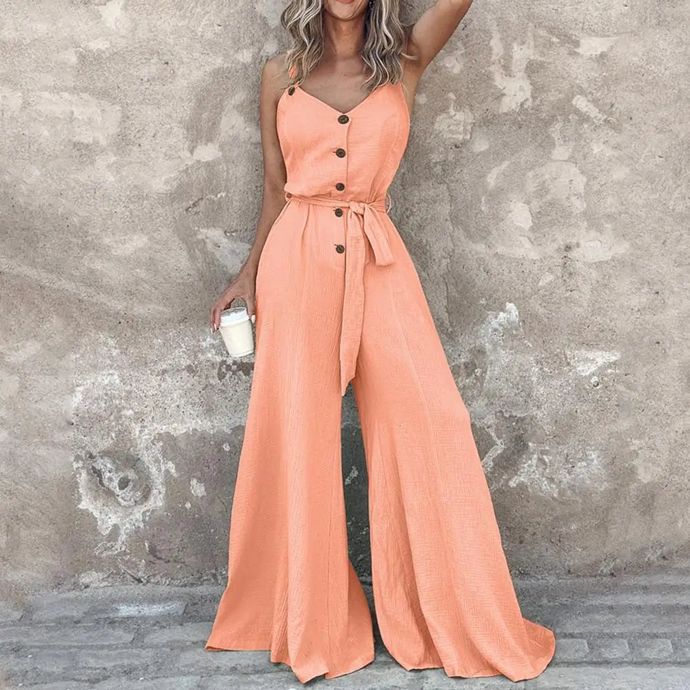 Summer Women Jumpsuit Solid Color Button Closure Lace-up Jumpsuit V Neck Wide Leg Deep Crotch Ankle Length Vest Jumpsuit.