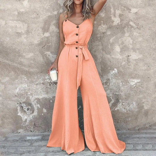 Summer Women Jumpsuit Solid Color Button Closure Lace-up Jumpsuit V Neck Wide Leg Deep Crotch Ankle Length Vest Jumpsuit.