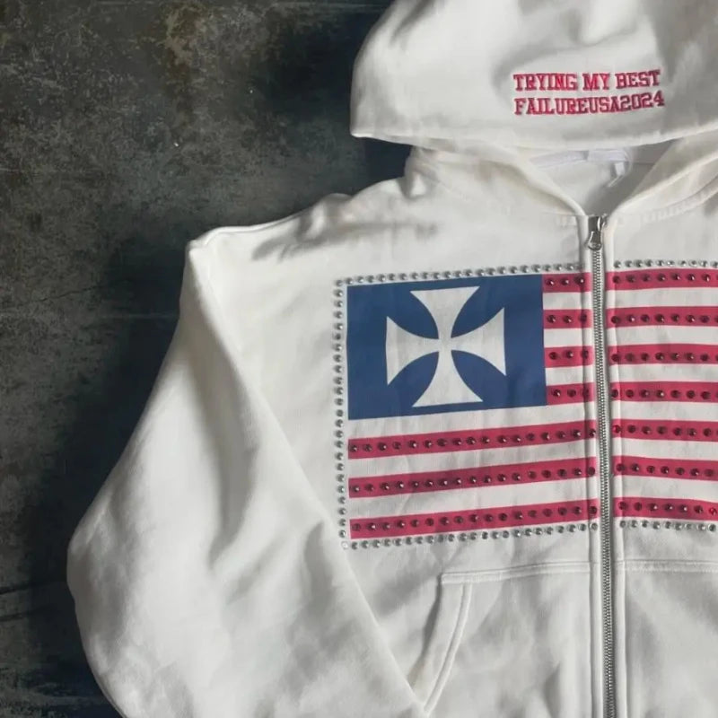 Autumn and winter new minimalist design color collision pattern women hooded sweatshirt Harajuku Y2k loose zipper sweatshirt.