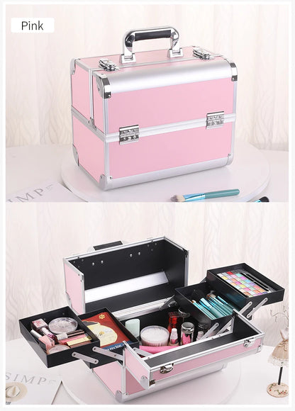 Makeup Train Case Pro Adjustable 4 Sliding Trays Cosmetic Case Storage Organizer Box Lockable Compartments.