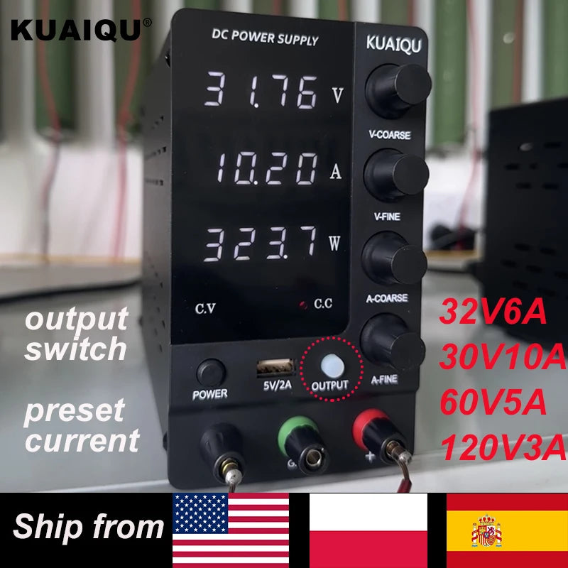 KUAIQU DC Power Supply Adjustable 30V 10A 32V 6A,Switching Regulated DC Bench Power Supply with Output Switch 60V 5A 120V 3A.