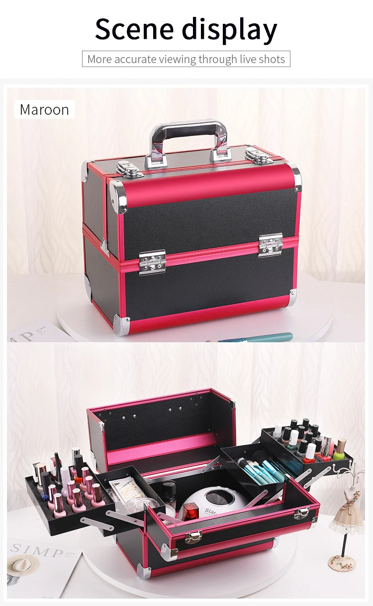 Makeup Train Case Pro Adjustable 4 Sliding Trays Cosmetic Case Storage Organizer Box Lockable Compartments.