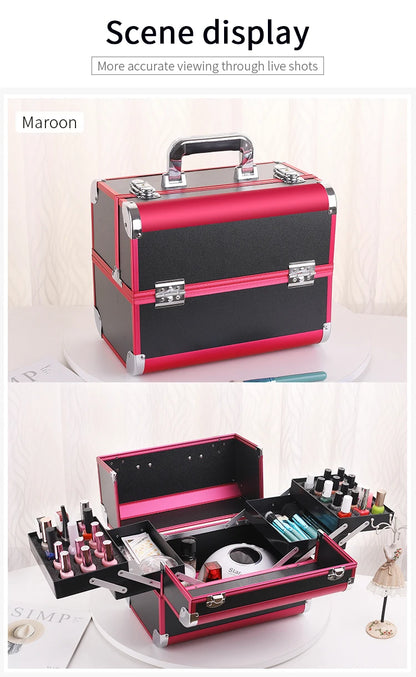 Makeup Train Case Pro Adjustable 4 Sliding Trays Cosmetic Case Storage Organizer Box Lockable Compartments.