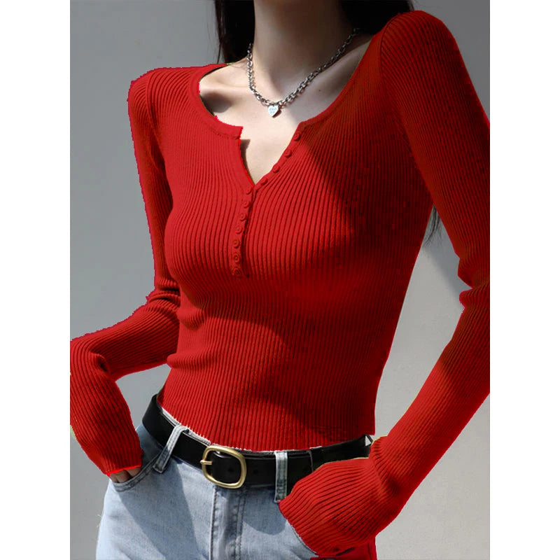 2026 weibliche Casual Tops Pullover Warme V-ausschnitt Frauen Herbst Winter Gestrickte Dünne Pullover Feste Taste Volle Hülse Pullover.