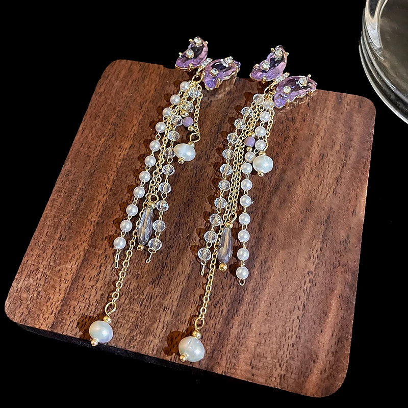 Pink Butterfly Earrings With Long Tassel Sparkly Zircon Crystal Imitation Pearl Beads Earrings Light Luxury Party Ear Jewelry.