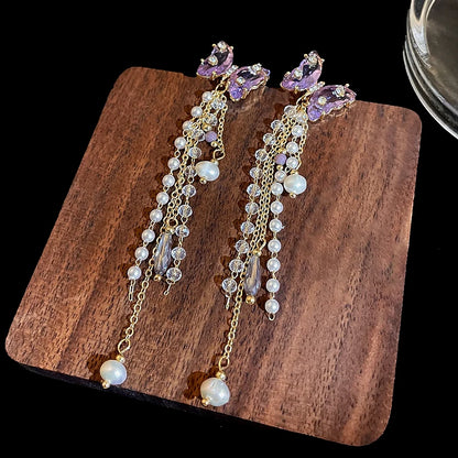 Pink Butterfly Earrings With Long Tassel Sparkly Zircon Crystal Imitation Pearl Beads Earrings Light Luxury Party Ear Jewelry.
