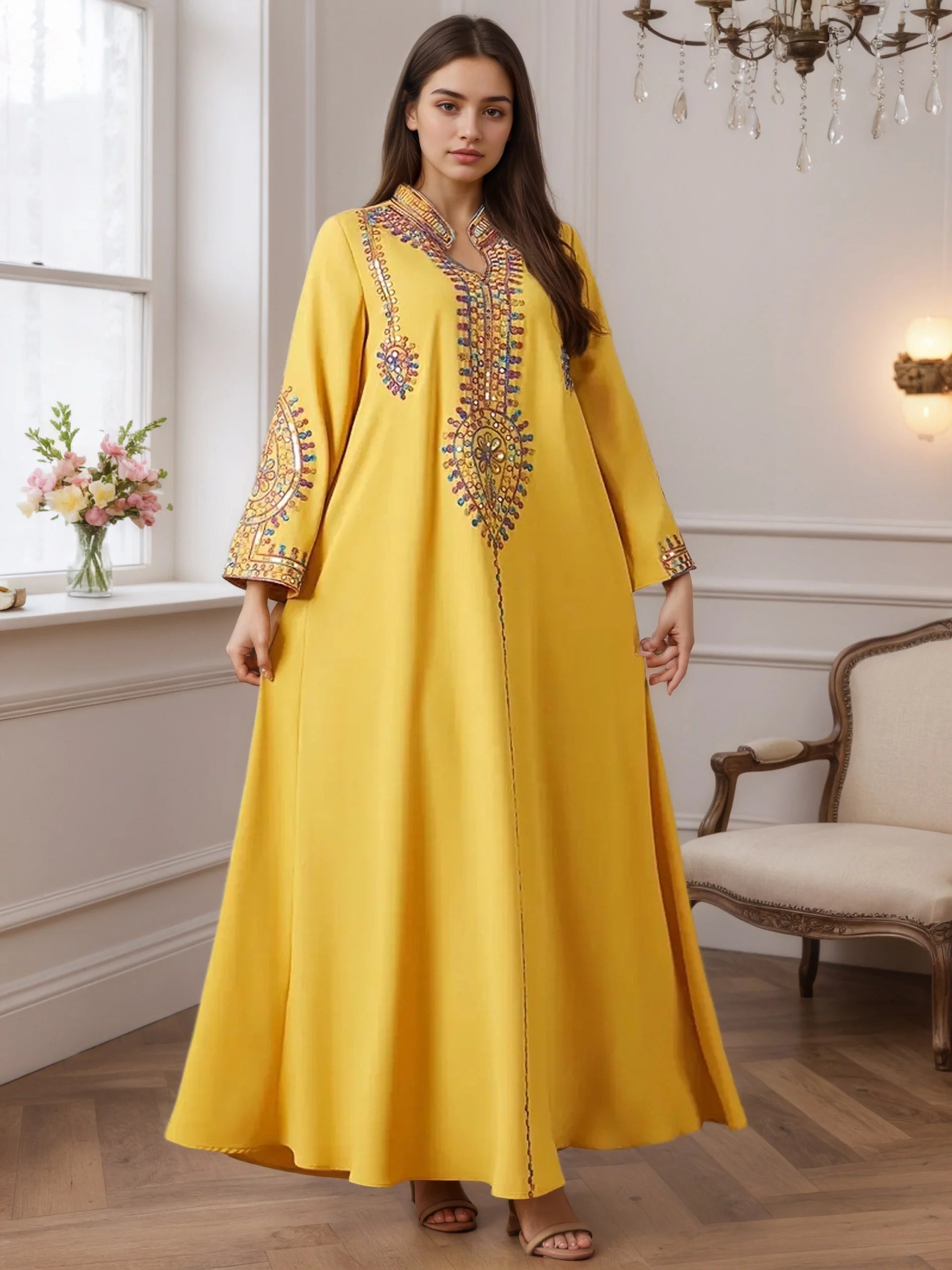 Dubai 2025 Hot Sell Moroccan Islam Women Style Yellow Abaya Intricate Hand Embroidered Patterns for Arabian Cultural Gatherings.