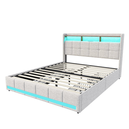 Lazyspace Bettgestell aus Leinen mit Stauraum, gepolstertes Bett mit 4 Schubladen, LED-Licht und USB-Aufladung vom Typ C, Schlafzimmermöbel