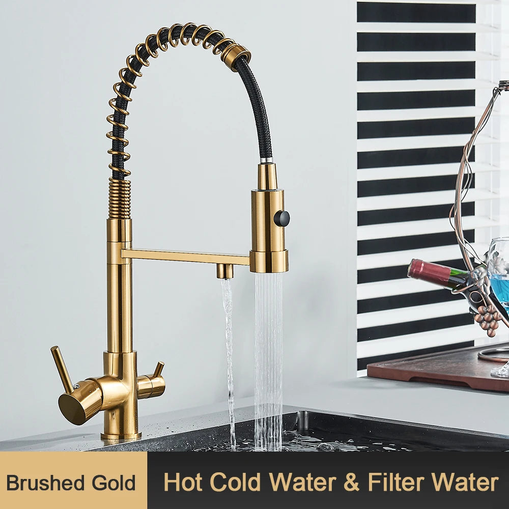 Filter Kitchen Faucet 2 In 1 Pull Down 360° Flexible Drinking Pure Water Purification Faucets Brass Hot Cold Water Mixer Tap