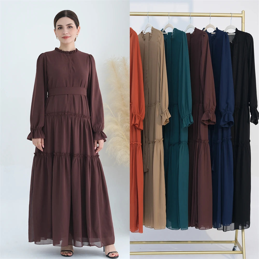 Ramadan Eid Chiffon Muslim Modest Khimar Abaya Set Dubai Turkey Islam Dress Abayas For Women Kebaya Kaftan Robe Femme Musulmane.