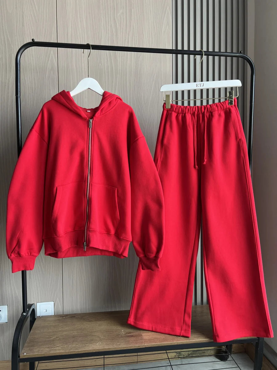 ETJ 2025 Fall/Winter new  women's casual sports oversized zipper hoodie wide leg mop sweatpants set 4174842.