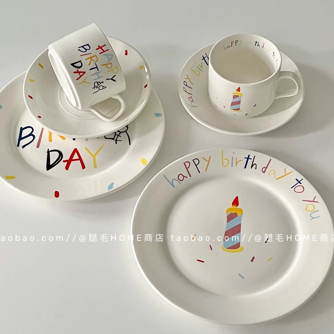 Korean Plate Designer Cute Happy Birthday Tableware Ceramic Coffee Cup Plate Dessert Cake Plate Cup Creative Birthday Gift.