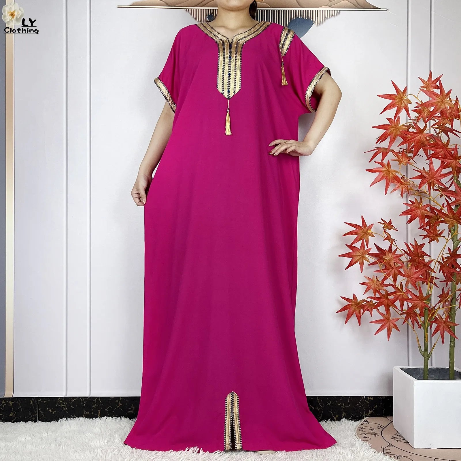 New Muslim Abayas Summer Short Sleeve African Dashiki Tassels Cotton Loose Caftan Lady Maxi Islam Casual Dresses With Headscarf.