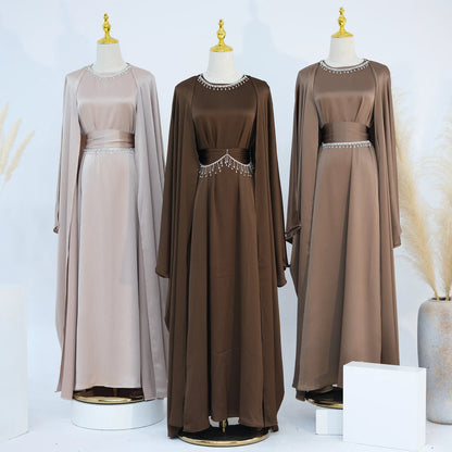 Ramadan Muslim Women 2 Piece Set with Chain Party Dresses Abaya Eid Jalabiya Sashes Diamond Morocco Dubai Kaftan Cardigan Robe.