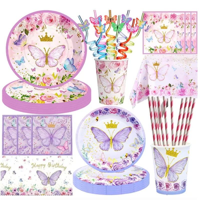 Schmetterling Geburtstag Party Dekoration Mädchen Einweg Geschirr Set Pappteller Tasse Ballon Tischdecke Schmetterling Thema Liefert.