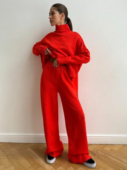 2025 Turtleneck Sweater Set Women's European, American Autumn and Winter New Loose Casual Lazy Thickened Knitted Trousers Set.