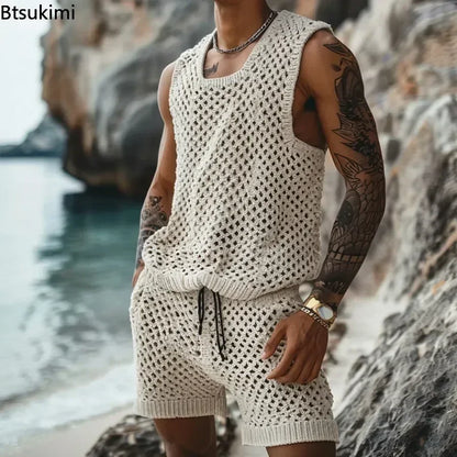 2025 Men's Summer Casual Knit Two-piece Sets Fashion Solid Loose Tank Tops and Shorts Beach Sport Suit Men Hollow Out Streetwear.