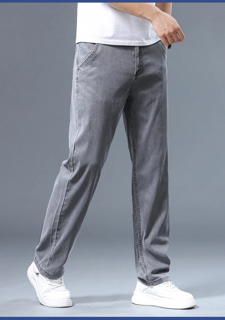 Summer Thin Men's Loose Straight Jeans Lyocell Soft Drape Business Casual Trousers Classic Smoke Gray Brand Ice Silk Pants.