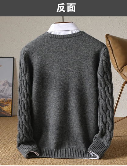 Autumn Winter Thickened Cashmere Sweater 100% Merino Wool Men's Top O-Neck Twisted Pullover Knitted Loose Long Sleeve Sweater.
