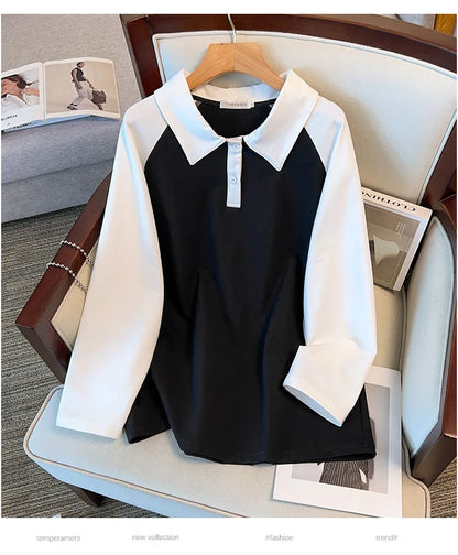 170kg plus size Damen büste Frühling Herbst loser Polo kragen kontrastieren des Sweatshirt schwarz lila 4xl 5xl 6xl 7xl 8xl 9xl