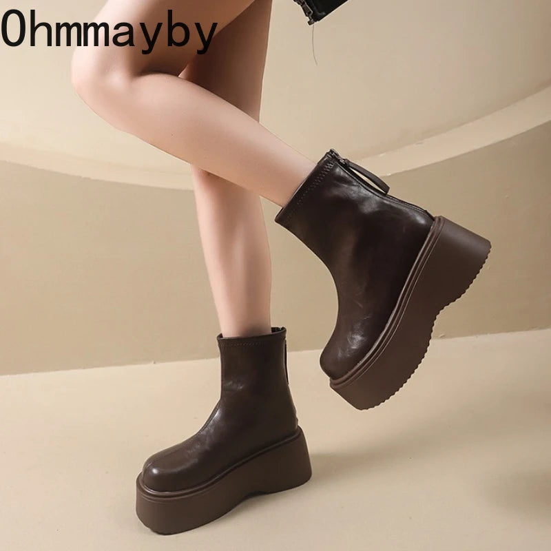 Autumn Winter Chunky Heel Women Short Boots Vintage Round Toe Platform Shoes Ladies Short Plush Gothic Ankle Booties.