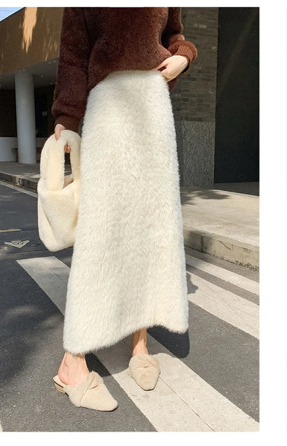 Autumn Winter New Knit Long Skirt Women Casual Thick Korean High Waist Soft A-Line Skirt.