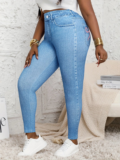 Plus Size High Waisted Skinny Jeans Faux Denim Printed Stretch Leggings Distressed Effect Women's Comfortable Fit Stretchy Pants.