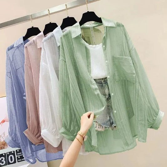 Summer Sunscreen Shirt Elegant Perspective Thin Chiffon Blouse Korean Harajuku See Through Loose Top Casual Women's Cardigan.