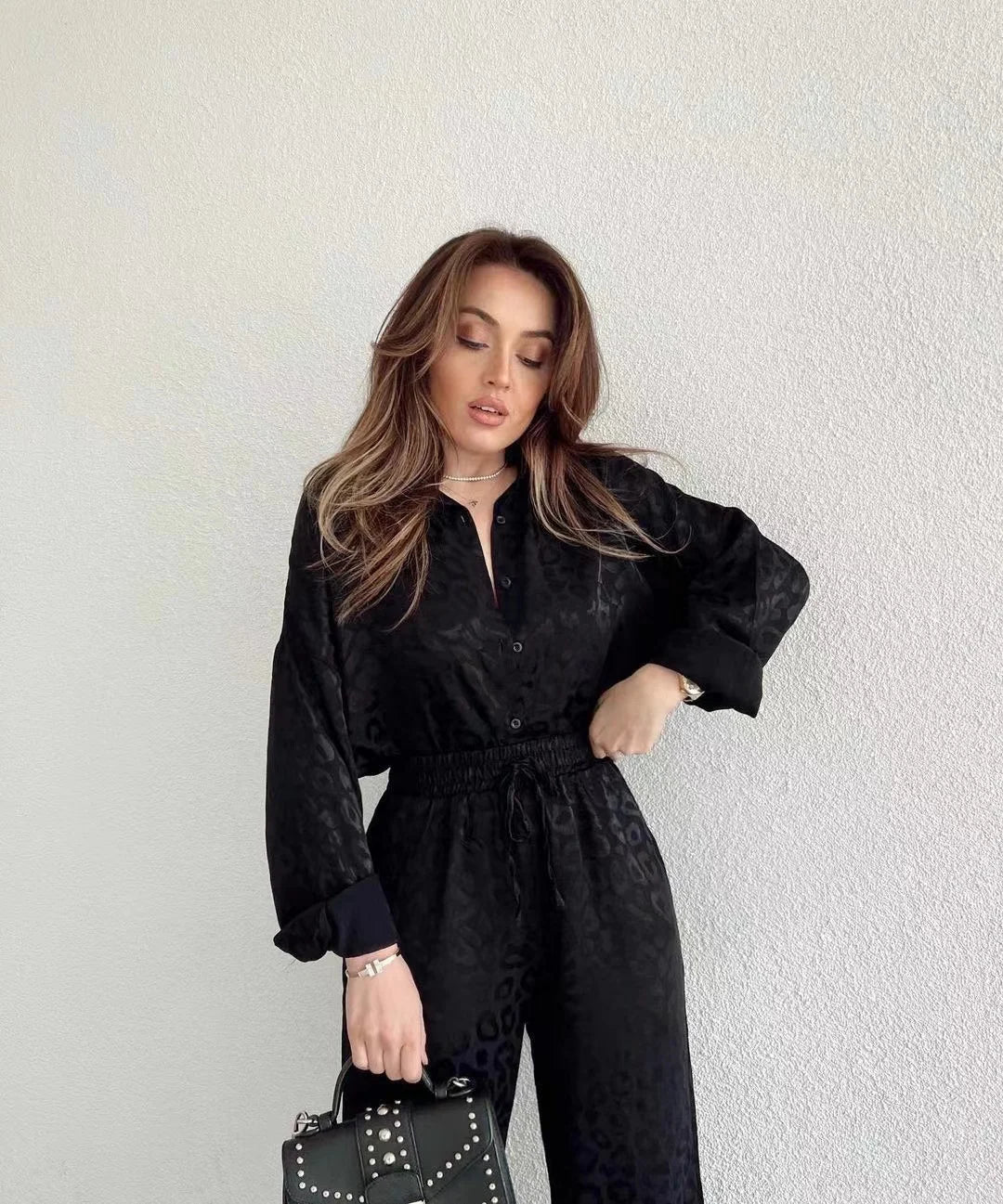 2024 Autumn White Satin Wide Leg Trousers Suit For Women Office Leopard Print Two-Piece Set Home Tracksuit Female Pajamas Sets.